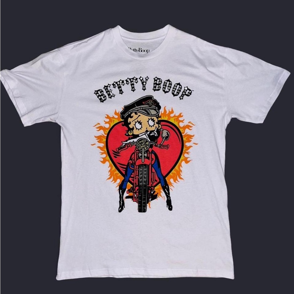 Betty Boop flames biker short sleeve white graphic tee with ringtones, size M